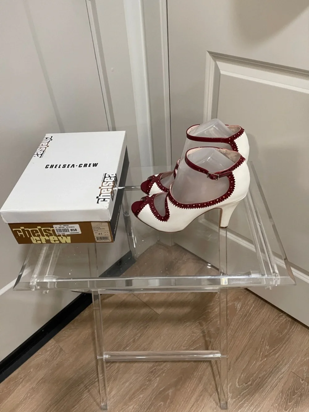 Chelsea Crew Escada Wine and White Cutout Peep-Toe Ankle-Strap Heels